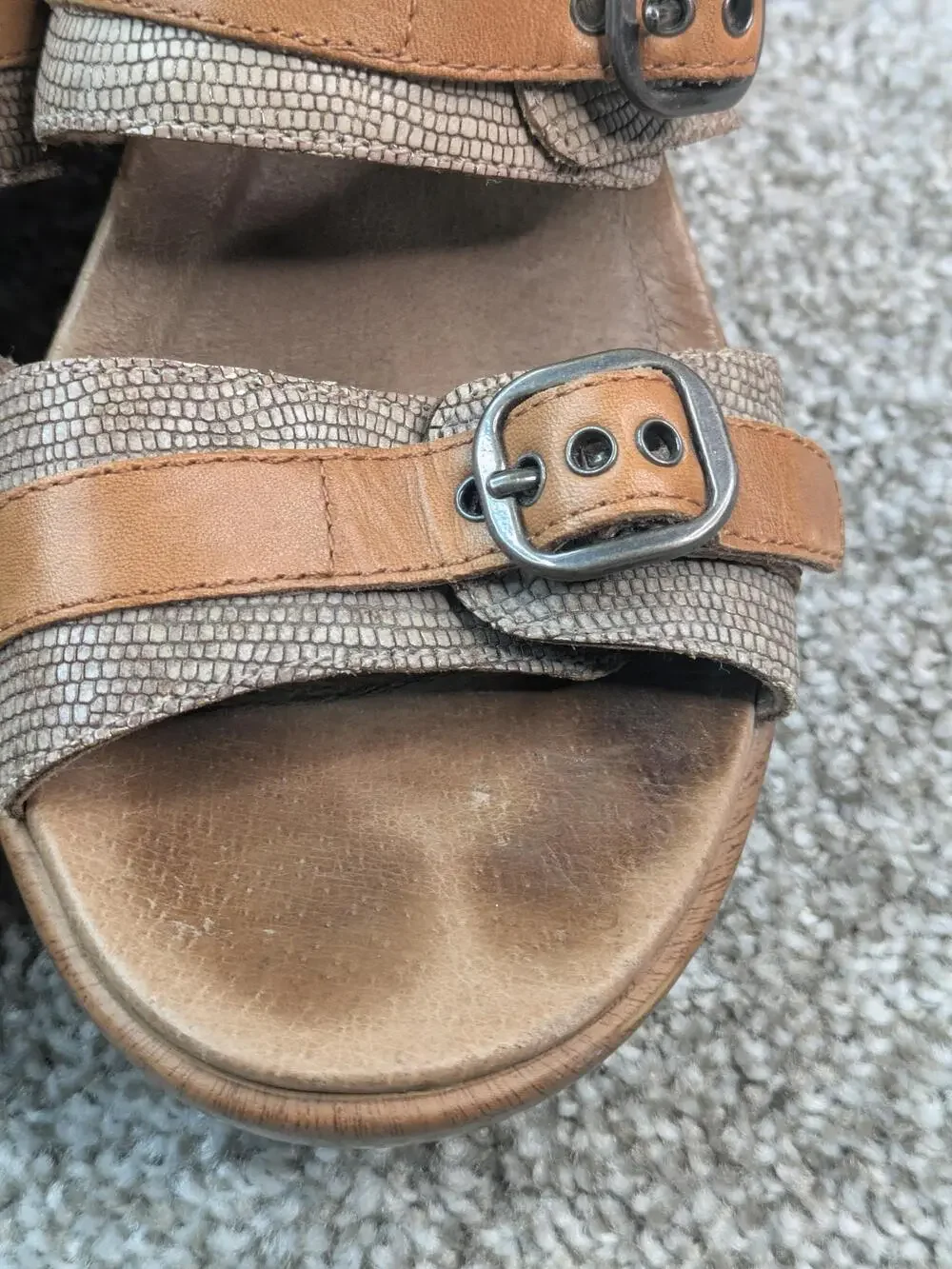Dansko Sandals Shoes Womens Size 38 8 7.5 Brown Jessie Wedge Slide Buckle Lizard